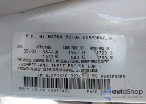 2003 Mazda Protege Dx/Es/Lx z USA, uszkodzony, nr VIN JM1BJ225330199365